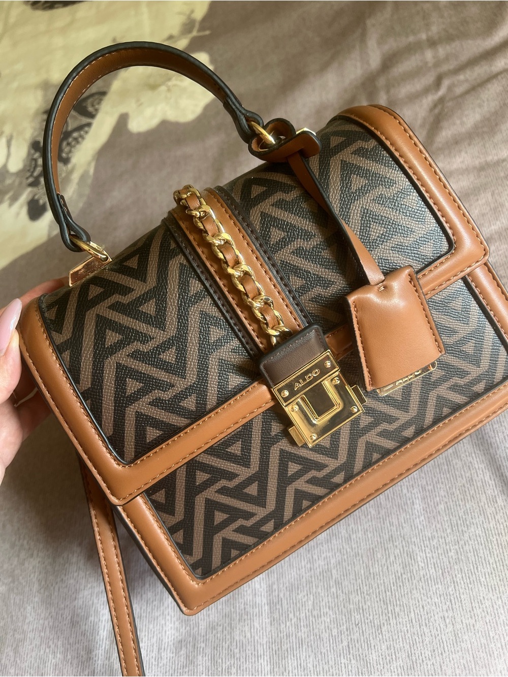 ALDO Brown and Tan Logo-Print Top Handle Satchel